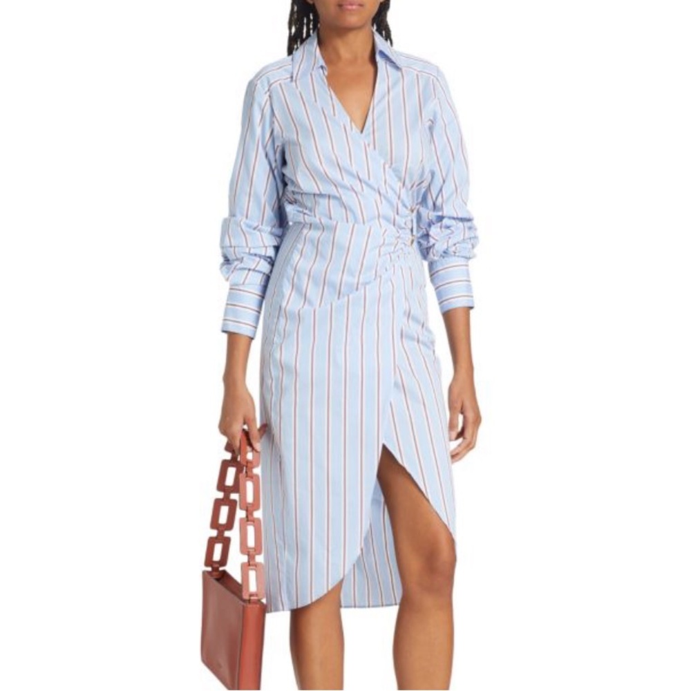 Veronica Beard Blue and White Striped Wrap Shirtdress with Red Pinstripes